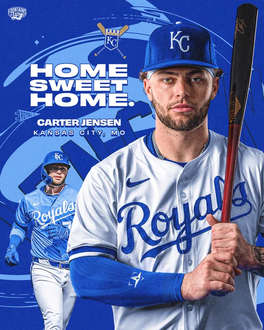 A graphic with cutout images of Carter Jensen set against a royal blue background with powder blue elements. Text on the graphic reads, "Home sweet home, Carter Jensen, Kansas City, MO."