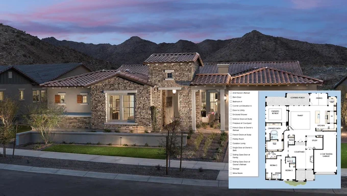 Exterior view of a modern single-story house by David Weekley Homes at dusk with mountains in the background and a floor plan layout to the right.
