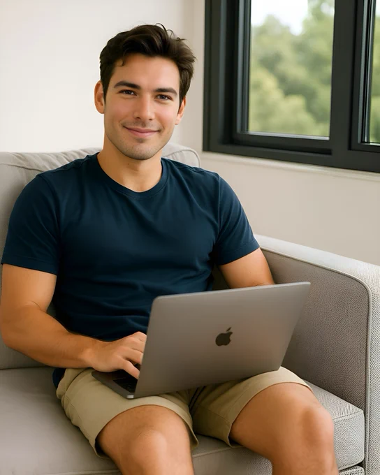 Michael Allen is sitting back in a relaxed posture on a sofa in his South Bluffs Memphis condo. He is dressed casually in a t-shirt and shorts, with his MacBook closed and resting naturally on his lap. His hair is slightly messy, and he wears a gentle smile while looking directly at the camera. The room has a calm, comfortable atmosphere, softly lit with natural daylight filtering through the condo’s large windows.