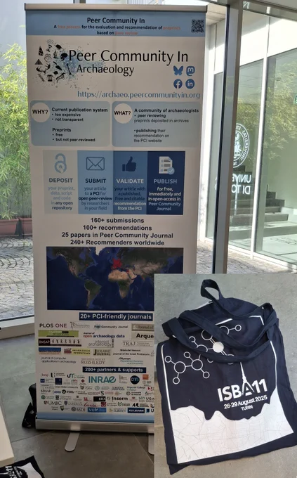 Picture of the roll-up presenteing PCI Archaeology during the congress, and of the ISBA11 tote bag.