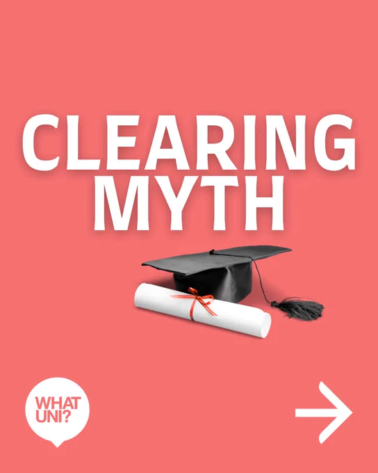 Promotional poster for 'What Uni?' featuring the text 'CLEARING MYTH' with an image of a graduation cap and diploma, and a directional arrow on the right side.