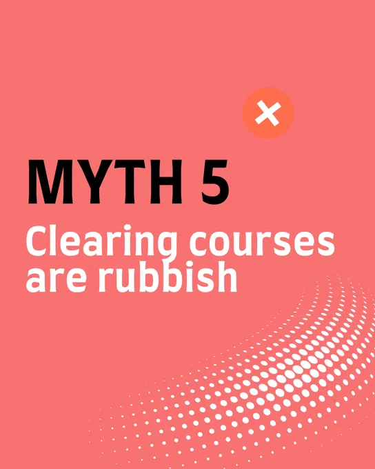 Graphic with "MYTH 5: Clearing courses are rubbish" text on a dark blue background with a dotted gradient design and a close icon at the top right corner.
