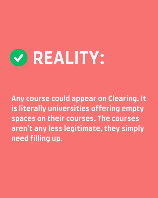 Graphic featuring the Reality Check logo, with text stating: 'Any course could appear on Clarity. It is literally universities offering empty spaces on their courses, they simply need filling up.'