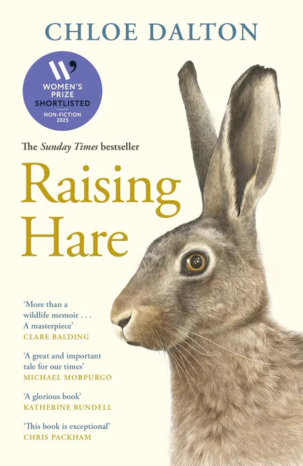 Book cover of "Raising Hare" by Chloe Dalton featuring a detailed illustration of a hare's head in profile with large ears and expressive eyes.