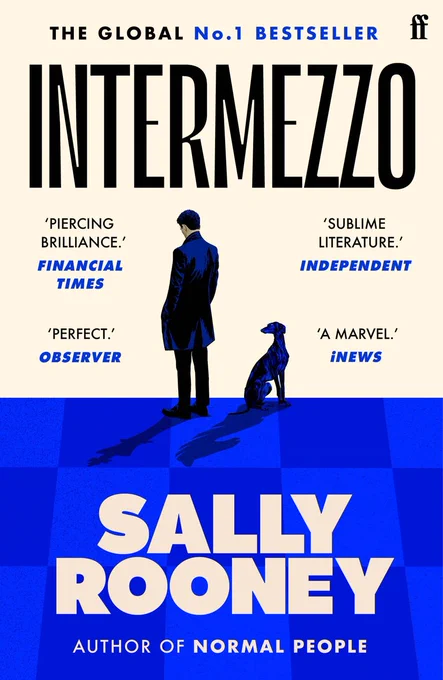 Book cover of 'Intermezzo' by Sally Rooney featuring a man in a dark coat and a dog casting long shadows on a blue checkered floor.