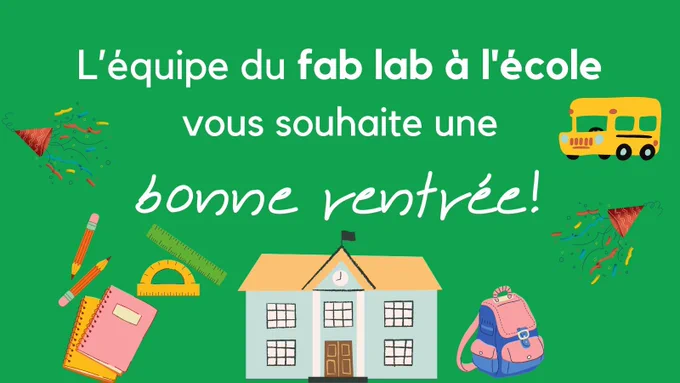 image ”Bonne rentrée” sur un fond vert avec des écritures blanches, illustrée d’une école bleu clair au toit jaune orangé, d’un bus scolaire jaune, de crayons à papier orange, d’un sac à dos rose et bleu, d’un rapporteur jaune et d’une règle vert clair.