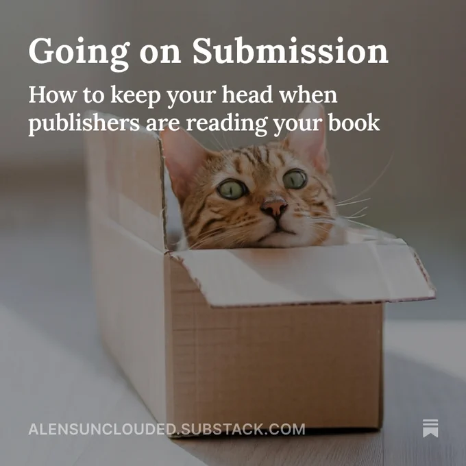 Photo shows a tabby cat with a slightly concerned expression sitting in a box with its chin resting on the edge. The cat has pretty green eyes. The box is standard corrugated cardboard and is side onto the photo with the left flap up. The box rests on a pale wood surface with a beige background. Overlaid is text in white serif font saying: Going On Submission, how to keep your head when publishers are reading your book.