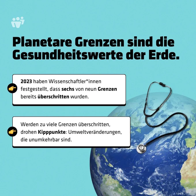 Das Bild hat einen türkisen Hintergrund. Rechts unten ist ein Teil der Erde zu sehen, auf dem ein schwarzes Stethoskop liegt – als Symbol dafür, dass der Zustand der Erde wie ein Gesundheitscheck betrachtet wird. Oben steht in großen schwarzen Buchstaben: „Planetare Grenzen sind die Gesundheitswerte der Erde.“ Darunter befinden sich zwei weiße Textfelder mit schwarzen Rändern. Im ersten Kasten steht: „2023 haben Wissenschaftler*innen festgestellt, dass sechs von neun Grenzen bereits überschritten wurden.“ Im zweiten Kasten heißt es: „Werden zu viele Grenzen überschritten, drohen Kipppunkte: Umweltveränderungen, die unumkehrbar sind.“ Links neben den Textfeldern ist jeweils ein kleiner schwarzer Kreis mit einem gelben Pfeil abgebildet.