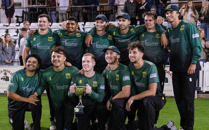 Three Bridges 1st XI pictured with The Daniel Oliver T20 Cup at Hove, during The Dean Wilson Sussex Cricket League T20 Finals Day 2025.