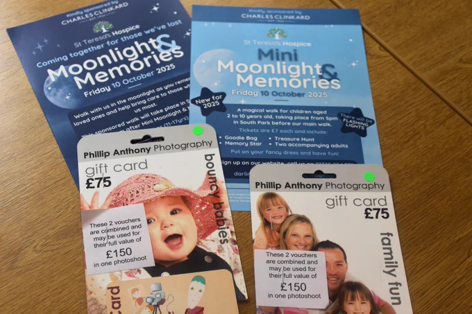 Two bundles of photography gift cards - each bundle worth £150. One set is for 'bouncing babies' and the other is for 'family fun'.