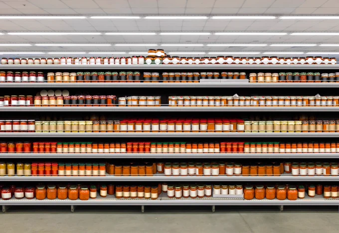 Shelf full of ajvar jars in supermarket, neatly arranged in rows with brandless labels and colorful lids. Perfect mock-up display for designers and product visuals.

https://www.istockphoto.com/portfolio/Pandza?mediatype=photography

#Ajvar #FoodMockup #Supermarket #Shelf #DesignReady #PackagingDesign #Mockup #Brandless