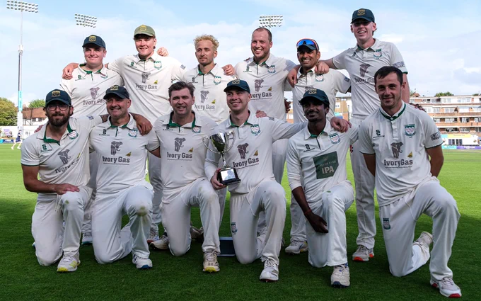 Three Bridges 2nd XI pictured with The Paul Baker T20 Cup at Hove, during The Dean Wilson Sussex Cricket League T20 Finals Day 2025.