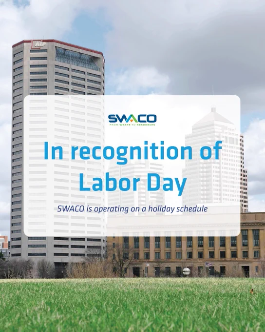 Columbu city skyline with tall buildings under a cloudy sky and a green lawn in the foreground, featuring a Labor Day recognition message from SWACO.