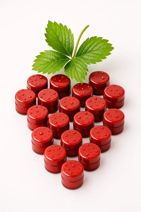 A creative composition of many small purple cosmetic jars arranged together to form the shape of [FRUIT]. The jars are glossy, with water droplets on top, photographed on a clean white background. Fresh green leaves are placed above the jars to enhance the natural fruit illusion. Highly realistic, product photography style, soft reflections, vibrant colors, elegant minimalistic aesthetic.