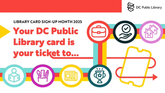 Promotional banner for DC Public Library Card Sign-Up Month 2025, highlighting that the library card provides access to various services like books, events, online resources, and educational opportunities. Bright colors and engaging icons are used to represent different services.
