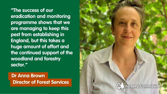 Image of Dr Anna Brown, Forestry Commission Director of Forest Services, and the words: “The success of our eradication and monitoring programme shows that we are managing to keep this pest from establishing in England, but this takes a huge amount of effort and the continued support of the woodland and forestry sector.”