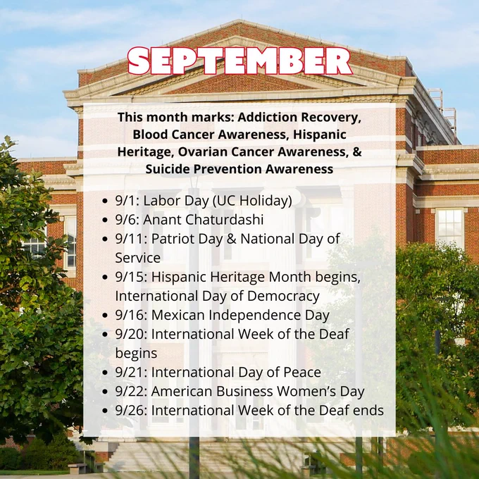 An image of a building with a text box overlay. At the top of the image reads "September" and various observance days are listed below. 