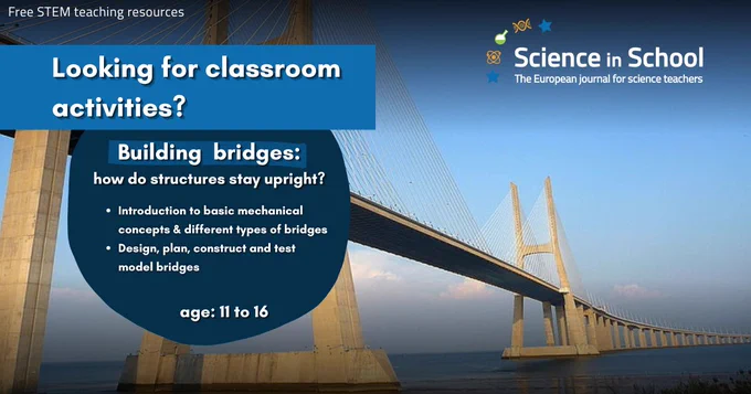 A text reads: Looking for classroom activities? Building bridges. How structures stay upright. Introduction to basic mechanical concepts and different types of bridges. Design, plan, construct, and test model bridges. Age 11 to 15. Free STEM teaching resources. In the background a photograph of a bridge. 