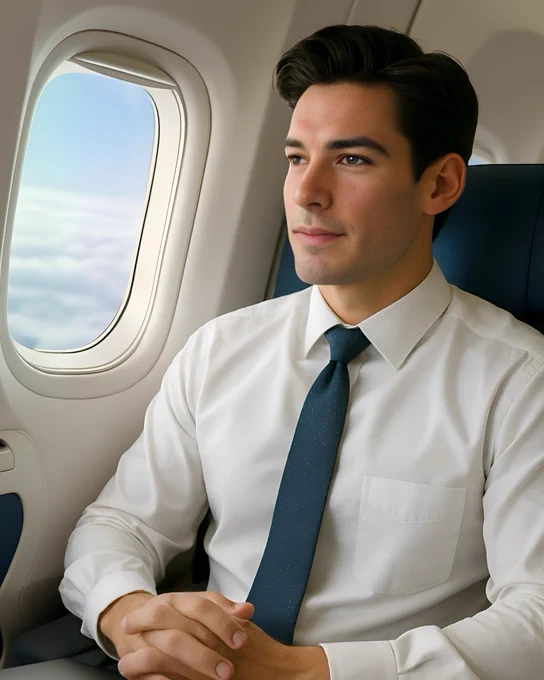 Michael Allen sits on a midday flight next to an airplane window, dressed in a crisp white shirt and a fashionable necktie without a jacket. He looks thoughtful and relaxed, with natural light from the window highlighting his calm expression. The airplane seat and window frame are visible, grounding the scene in travel.