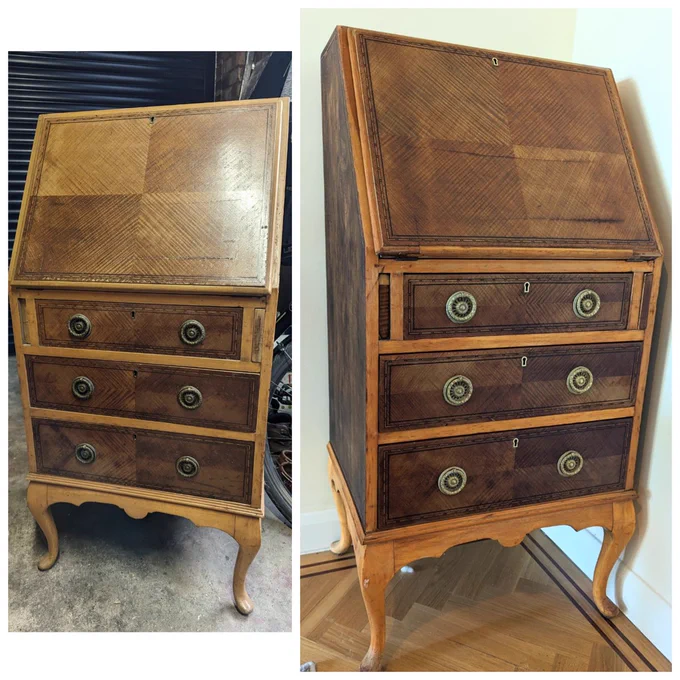 Two images of an antique bureau side by side