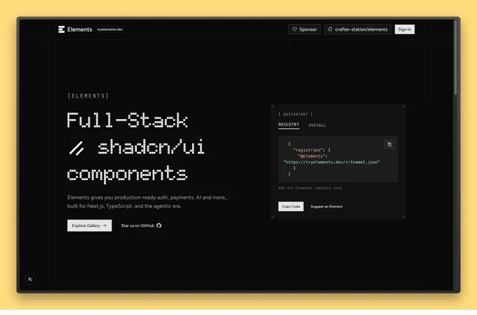 Screenshot of the Elements website hero section. The page headline reads “Full-Stack shadcn/ui components” in a pixelated font style. A subheading explains that Elements provides production-ready authentication, payments, AI, and more, built for Next.js, TypeScript, and the agentic era. On the left, there are buttons to “Explore Gallery” and “Star us on GitHub.” On the right, a dark code snippet box shows how to add the Elements registry with a JSON snippet linking to tryelements.dev/r/{name}.json. The overall design is dark mode with minimalistic styling.