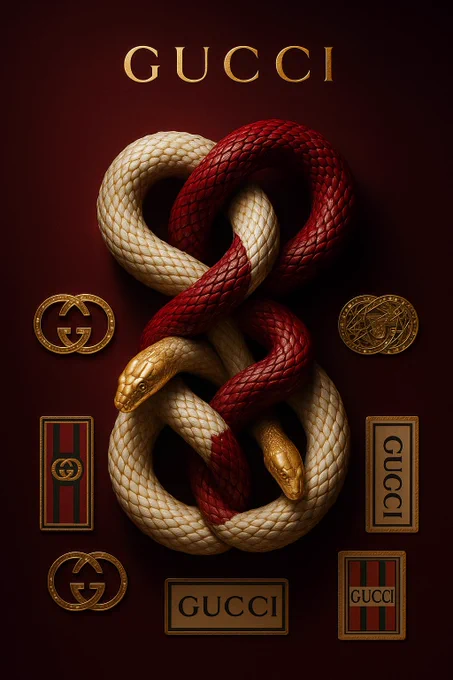 Luxury editorial poster on a deep burgundy background, featuring an elegant intertwined composition of [ANIMAL] forming an abstract infinity knot. The creature’s scales are hyper-detailed, with one part shimmering white and another part deep crimson, entwined together in a sculptural, surreal fashion. Golden metallic accents highlight the design. Above, the word [BRAND] in refined golden serif typography. Around the central knot, minimal decorative brand emblems and patches placed symmetrically, evoking luxury heritage. High-fashion campaign vibe, bold, minimal, artistic.