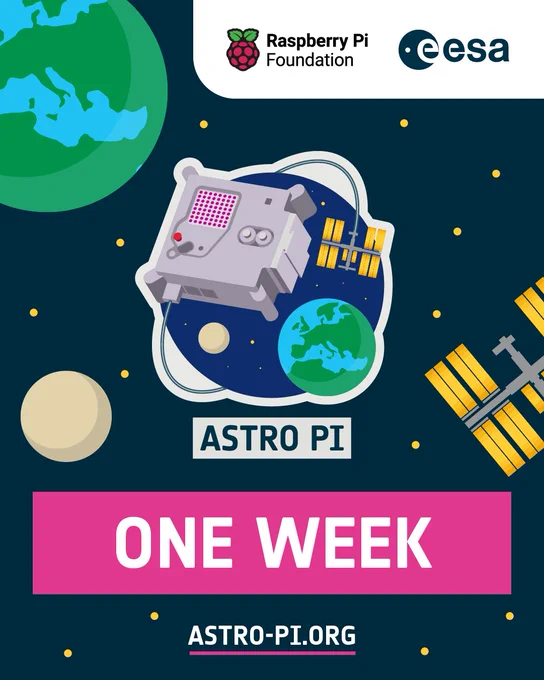 Illustration of a Raspberry Pi device orbiting Earth with the International Space Station. One week until the Astro Pi Challenge opens.