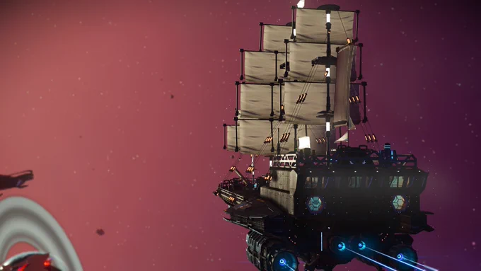 photo from behind of a pirate ship in space