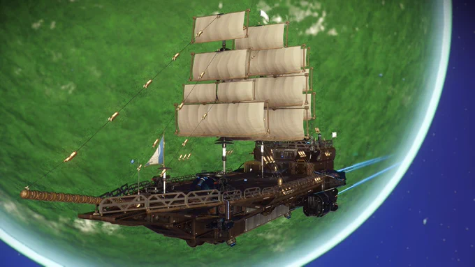 pirate ship in space in front of a green planet