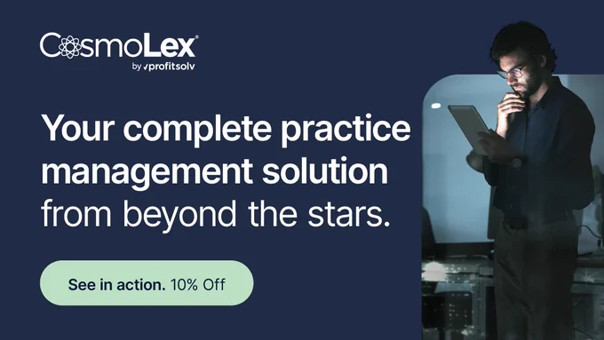 CosmoLex promotional image featuring a person holding a tablet in a dimly lit space. Text reads: "Your complete practice management solution from beyond the stars." A green button offers "See in action. 10% Off."
