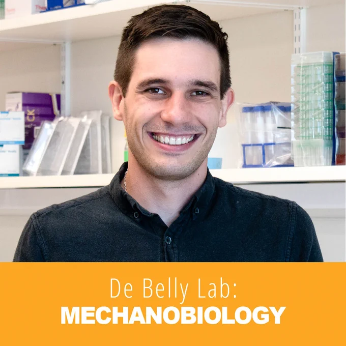 Headshot of Henry De Belly. Bottom text: De Belly Lab Mechanobiology