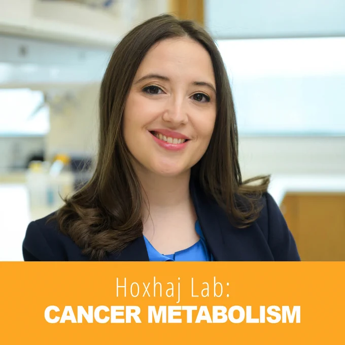 Headshot of Gerta Hoxhaj. Bottom text: Hoxhaj Lab Cancer Metabolism
