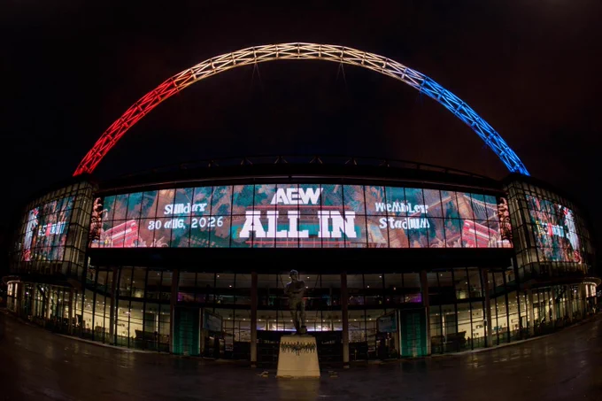 A picture of Wembley Stadium lit up following the announcement of AEW: All In London returning to the stadium in 2026.