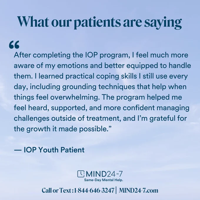Testimonial image for MIND 24-7 with a sky background and contact information.