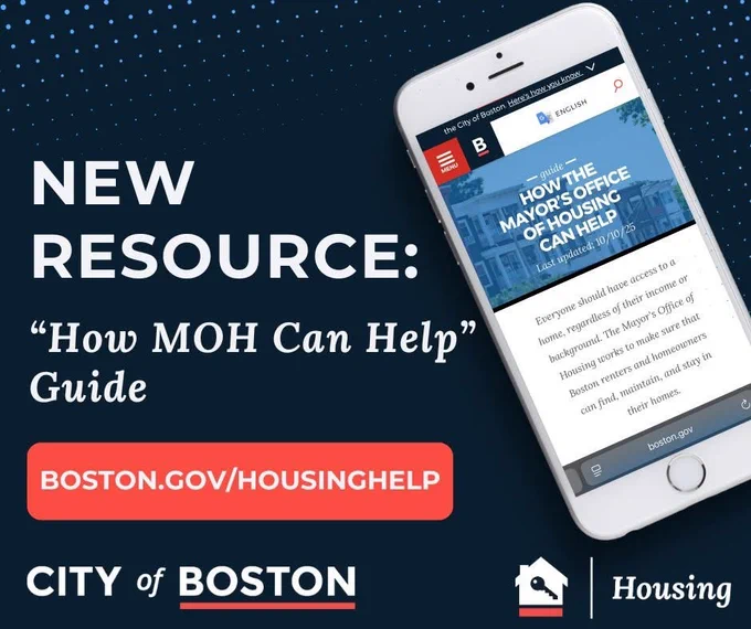 Smartphone displaying Boston's Housing Office guide on a blue background with text promoting a new housing resource guide.
