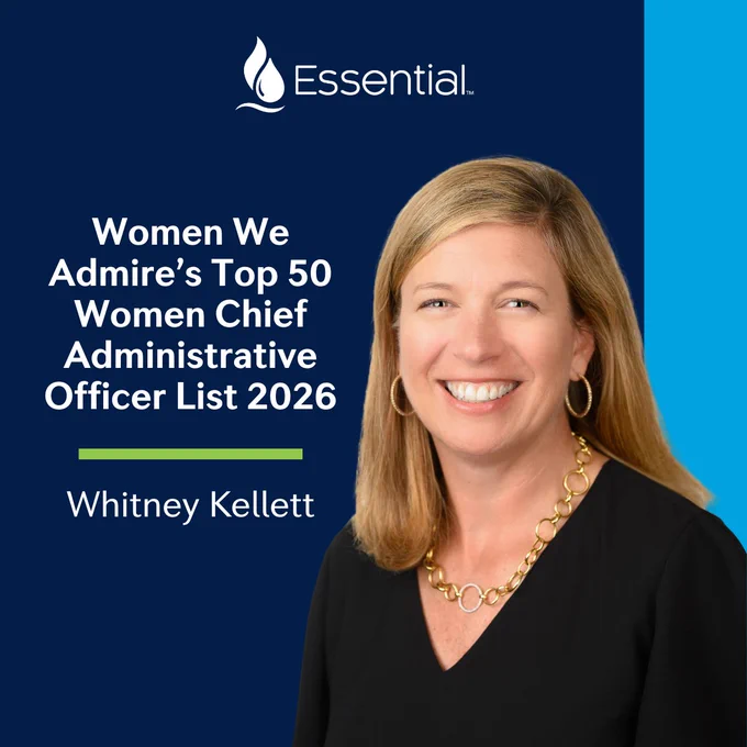mage of Whitney Kellett on the right. To the left is text reading “Women We Admire’s Top Fifty Women Chief Administrative Officer List Twenty- Twenty Six” in bold. Under the light green line is text reading “Whitney Kellett”. At the top of the image is the Essential logo. The background is a dark blue, with a light blue line on the right of the image running vertically. 