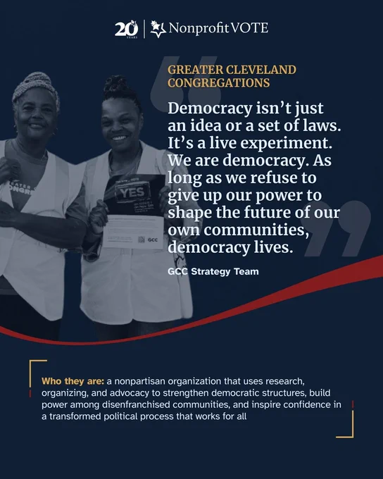 The image features two smiling individuals holding a sign labeled "YES" alongside a smaller sign with text, and "Nonprofit VOTE" and "20 Years" logos at the top. The background includes a quote from the Greater Cleveland Congregations about the importance of democracy as a live experiment. The quote mentions refusing to give up power for shaping future communities. At the bottom, there is text about Nonprofit VOTE's mission.