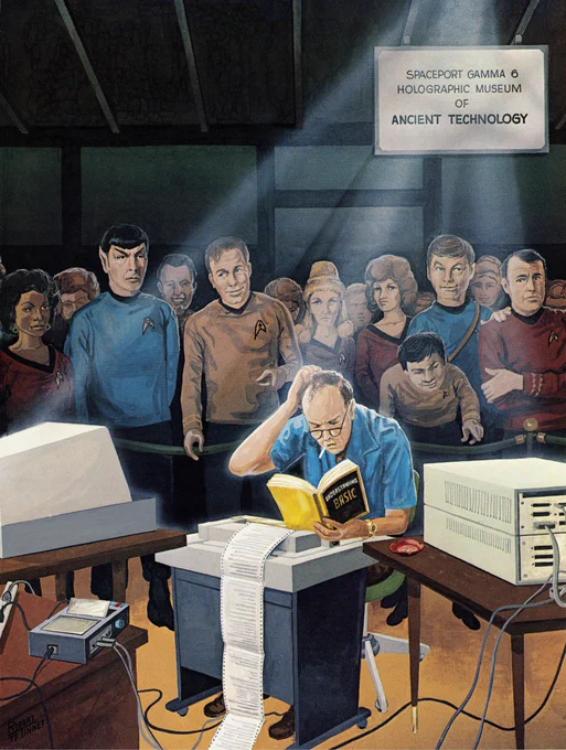 The original Star Trek crew are at a holographic museum of "ancient technology," watching a guy scratch his head while reading a retro computer manual.