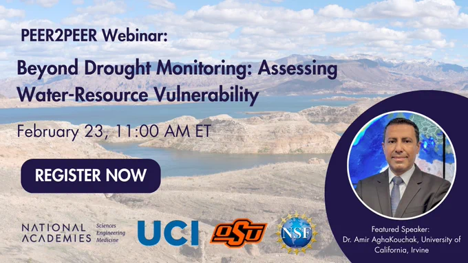 Webinar announcement on drought monitoring and water-resource vulnerability with registration details and speaker photo.