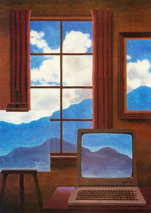 A painting, a window, and a desktop computer are all lined up to complete the same view, a scene of a blue mountain range.