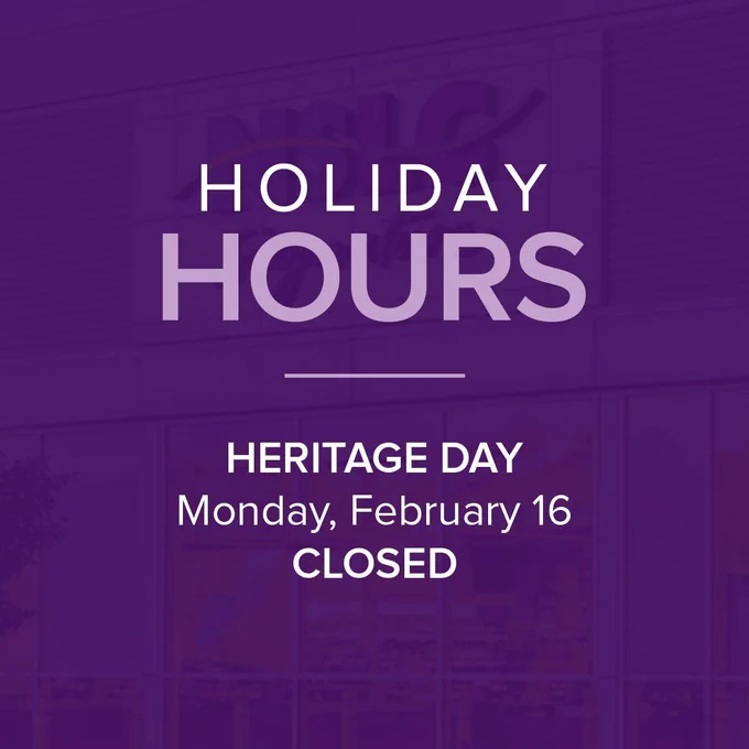 Holiday hours. Heritage Day Monday, February 19 closed