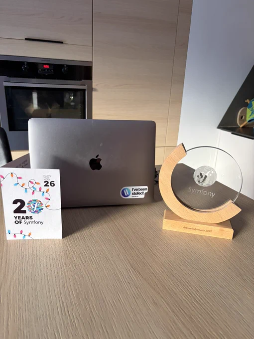 A trophy sent to the company for having supported the Symfony ecosystem over the past years.