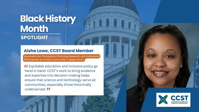 Black History Month graphic including Aisha Lowe's name, title, and a quote over a blue background of the Sacramento Capitol and featuring Aisha's headshot on the right side of the graphic. 