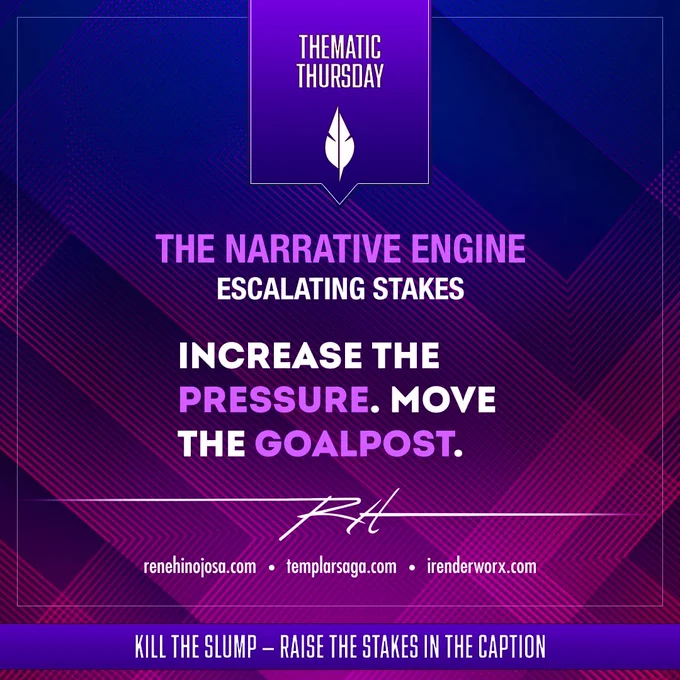 Thematic Thursday
The Narrative Engine
Escalating Stakes

When a character masters their environment, increase the weight of their choices.

✍️ How can you pivot your character's goal to make the stakes feel brand new?