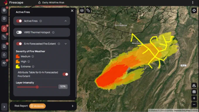 Screenshot of the FireMap software application, showing the user interface that visualizes wildfire risk.