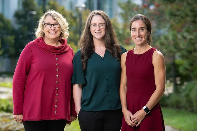 A photo showing 3 people standing posed outside, smiling at the camera. From left to right are: Dr. Allison Luke, research associate and associate director of the UNB Centre for Research in Integrated Care (CRIC); Krystal Binns, CRIC program manager; and Dr. Shelley Doucet, Jarislowsky Chair in Interprofessional Patient-Centred Care, director of CRIC, and professor of nursing and health sciences.
