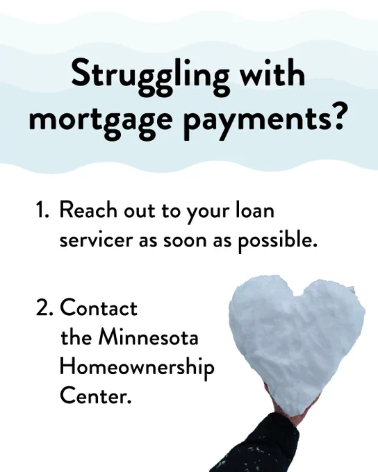 A poster with the text, "Struggling with mortgage payments?" It provides two steps: 1. Reach out to your loan servicer as soon as possible. 2. Contact the Minnesota Homeownership Center. Next to the text, a hand holds a heart-shaped piece of snow.