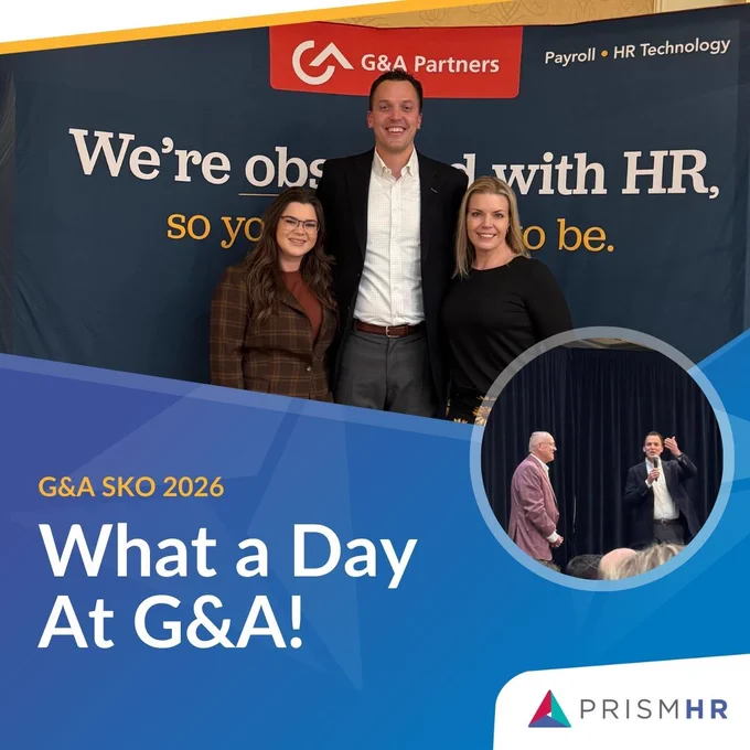 Pictured: G&amp;A’s John Allen is flanked by PrismHR’s Riley Pitt, left, and Tracy Anderson.