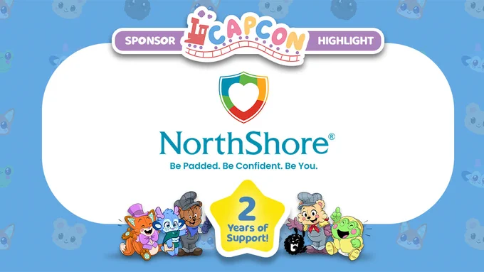 CAPCon Sponsor Highlight graphic featuring the NorthShore logo centered on a light background. The logo includes a multicolored shield with a heart in the center above the word “NorthShore” and the tagline “Be Padded. Be Confident. Be You.” A yellow star at the bottom reads “2 Years of Support!” Cartoon animal mascots appear along the bottom edge.