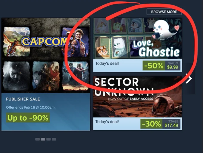 Screenshot of Steam's front page with Love, Ghostie shown as "Today's Deal!" with 50% off at $9.99